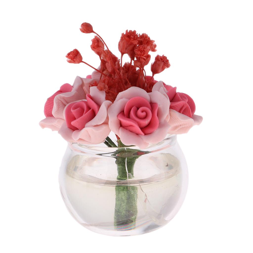 Plastic Vase with Pink Rose Model for 1/12 Dollhouse Miniature Decoration