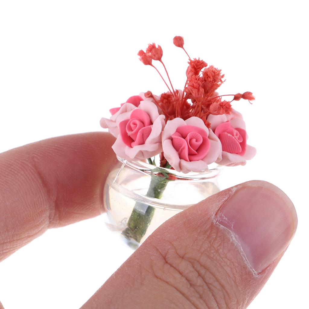Plastic Vase with Pink Rose Model for 1/12 Dollhouse Miniature Decoration