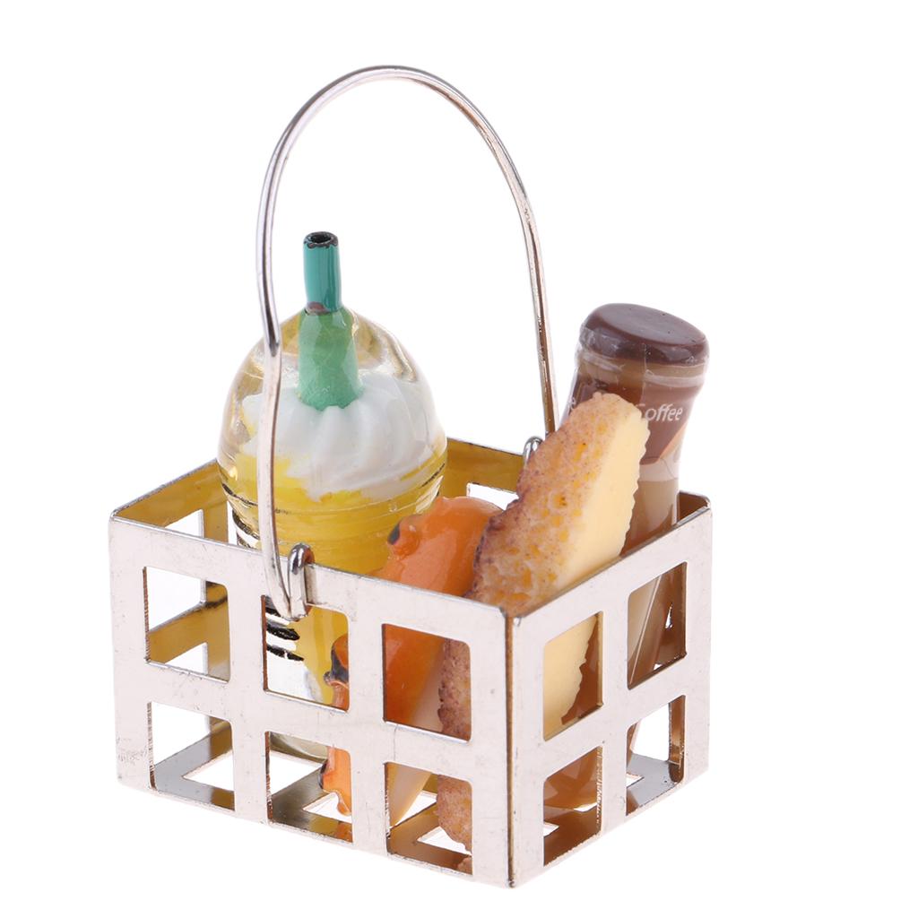 1/12 Dollhouse Furniture Mini Metal Bread Basket with Coffe Bottles Set