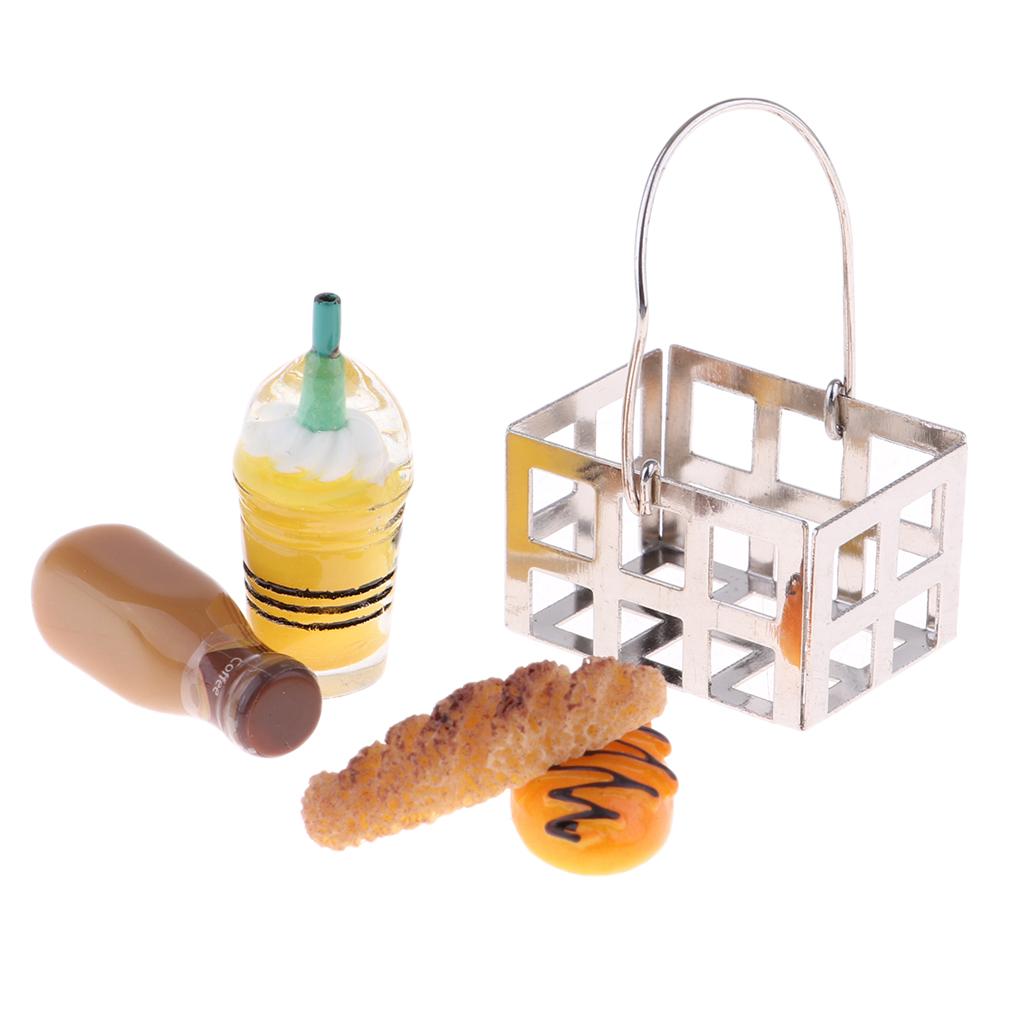 1/12 Dollhouse Furniture Mini Metal Bread Basket with Coffe Bottles Set