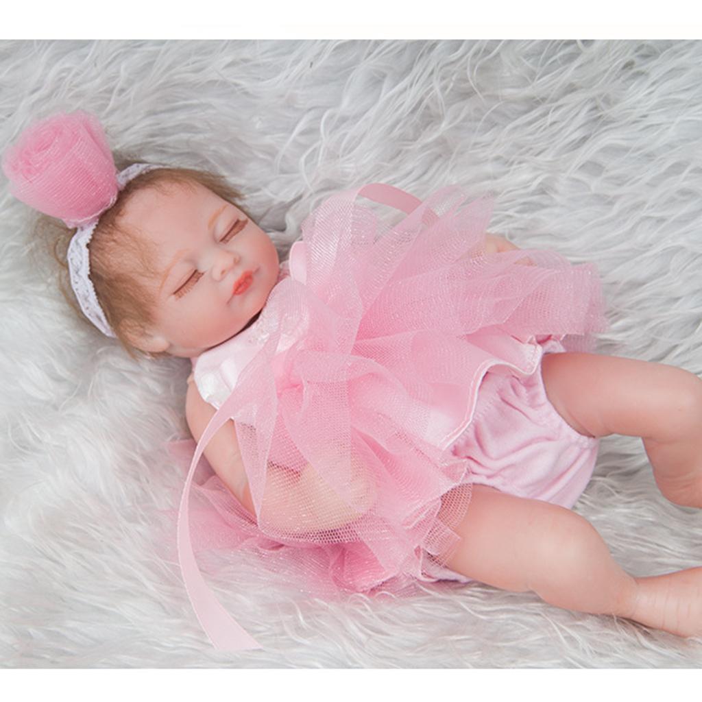 28cm Silicone Mini Reborn Doll Girl Newborn Baby Doll in Pink Dress Headband