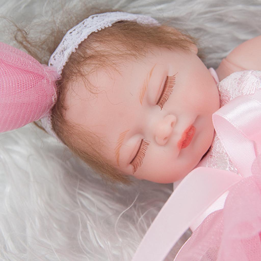 28cm Silicone Mini Reborn Doll Girl Newborn Baby Doll in Pink Dress Headband