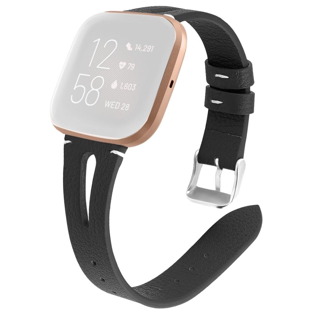 For Fitbit Versa 2 Leather Middle Opening Watch Strap (Black)