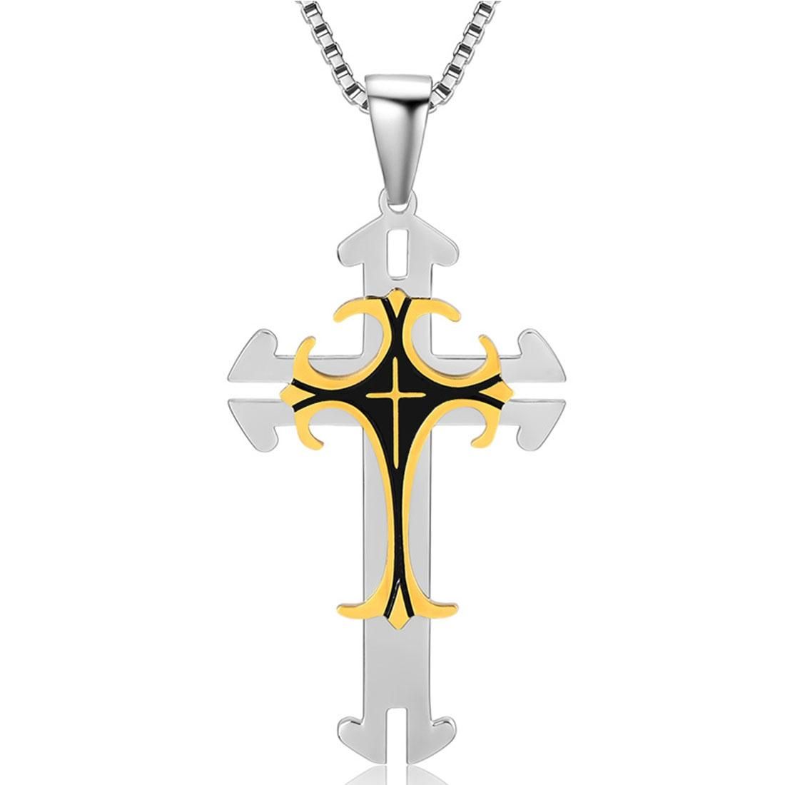 European and American Fashion Men Jewelry the Cross Style Double Layers Pendant Exquisite Titanium Steel Necklace