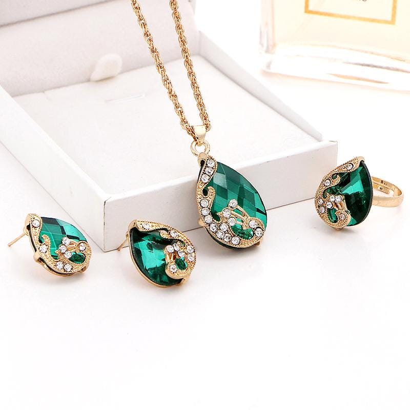 3 in 1 Women Beautiful Peacock Crystal-like Necklace Ring Earrings Jewelry Set (Green)