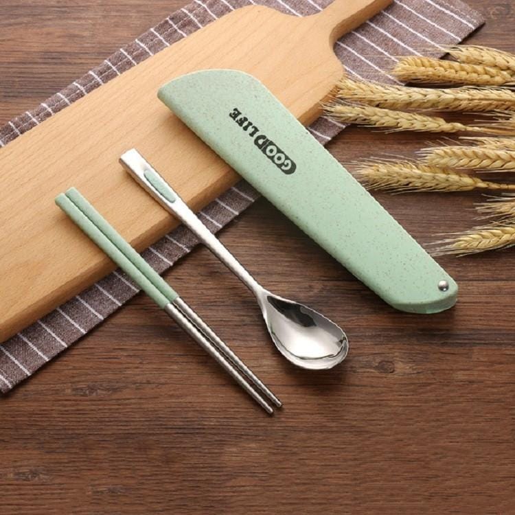 9 PCS / 3 Sets Stainless Steel Tableware Outdoor Portable Chopsticks Spoon Set (Green)
