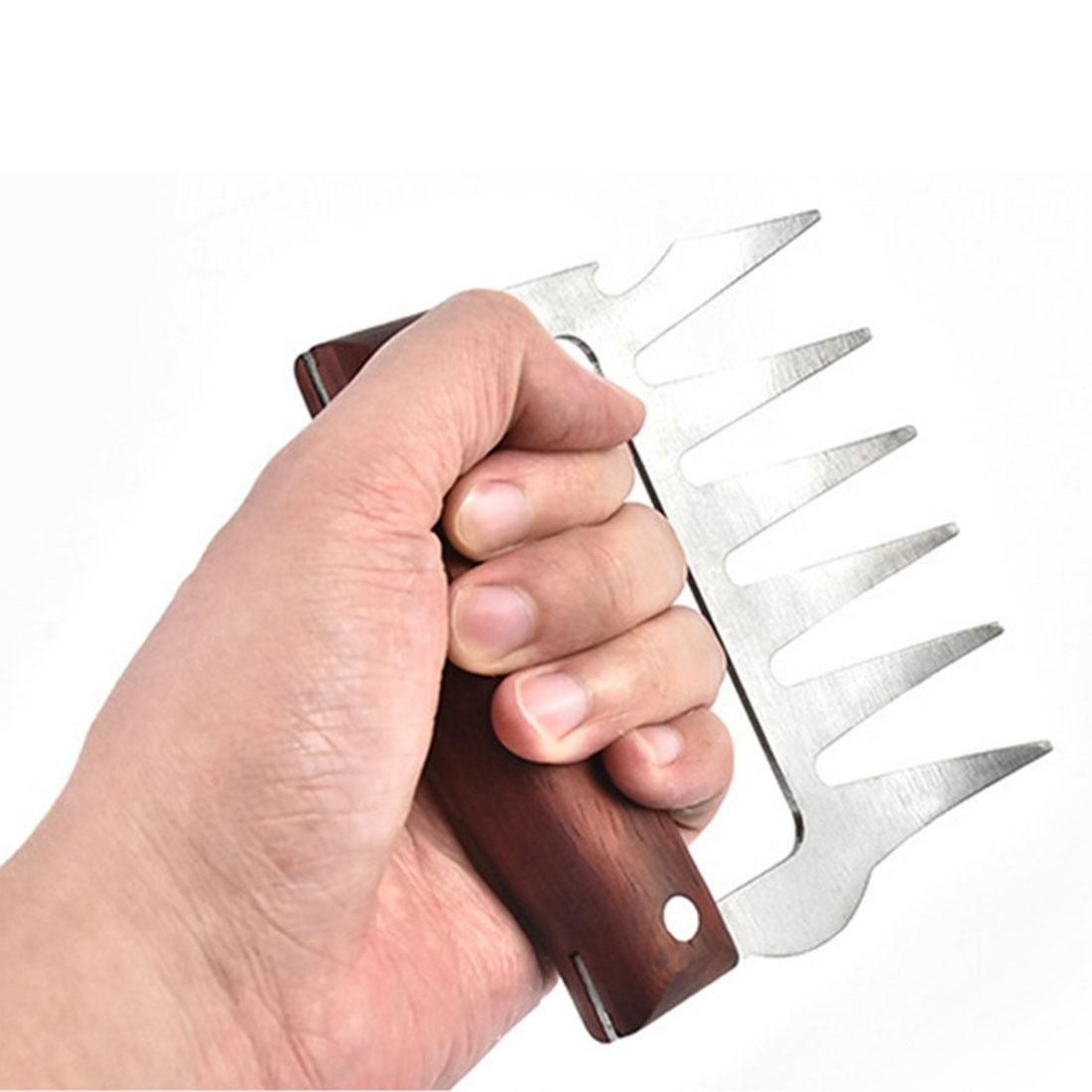 2 PCS Bear Claw Shaped stainless steel Barbecue Fork Chicken Shredded Wooden Handle  Anti-skid Creative Kitchen Fork Claw Meat Claw Splitter with (Wood color)