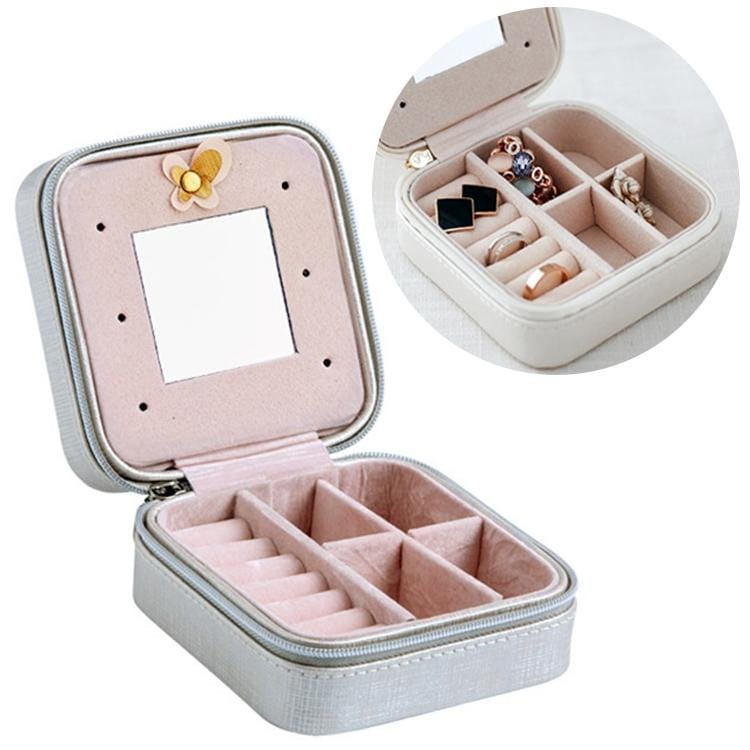 Macaron Small Jewelry Box Rings and Earrings Mirrored Travel Storage Case (Grey)