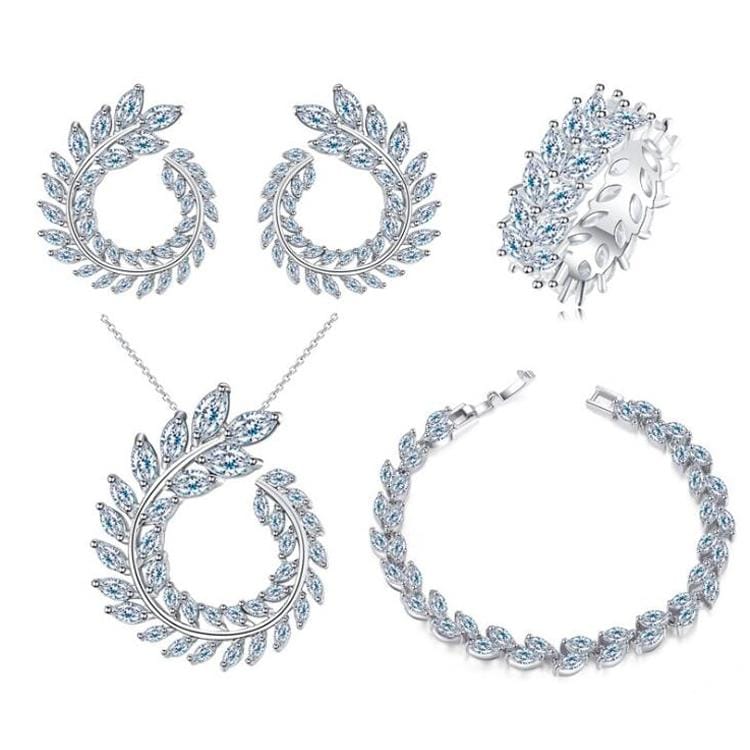 4 PCS/Set Leaf Shape Fashion CZ Necklace Earring Bracelet and Ring Sets, Ring  Size:7