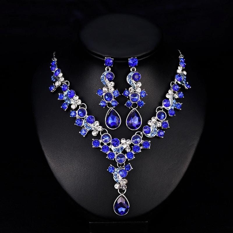 3 in 1 Set Ladies Fashion Prestige Temperament Rhinestone Wreath Necklace Long Earrings Jewelry (Blue)