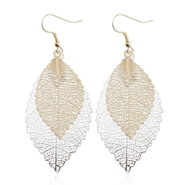 Double-layered Leaves Tassel Earrings Simple Retro Metal Leaf-ears Ornaments (Gold Silver)