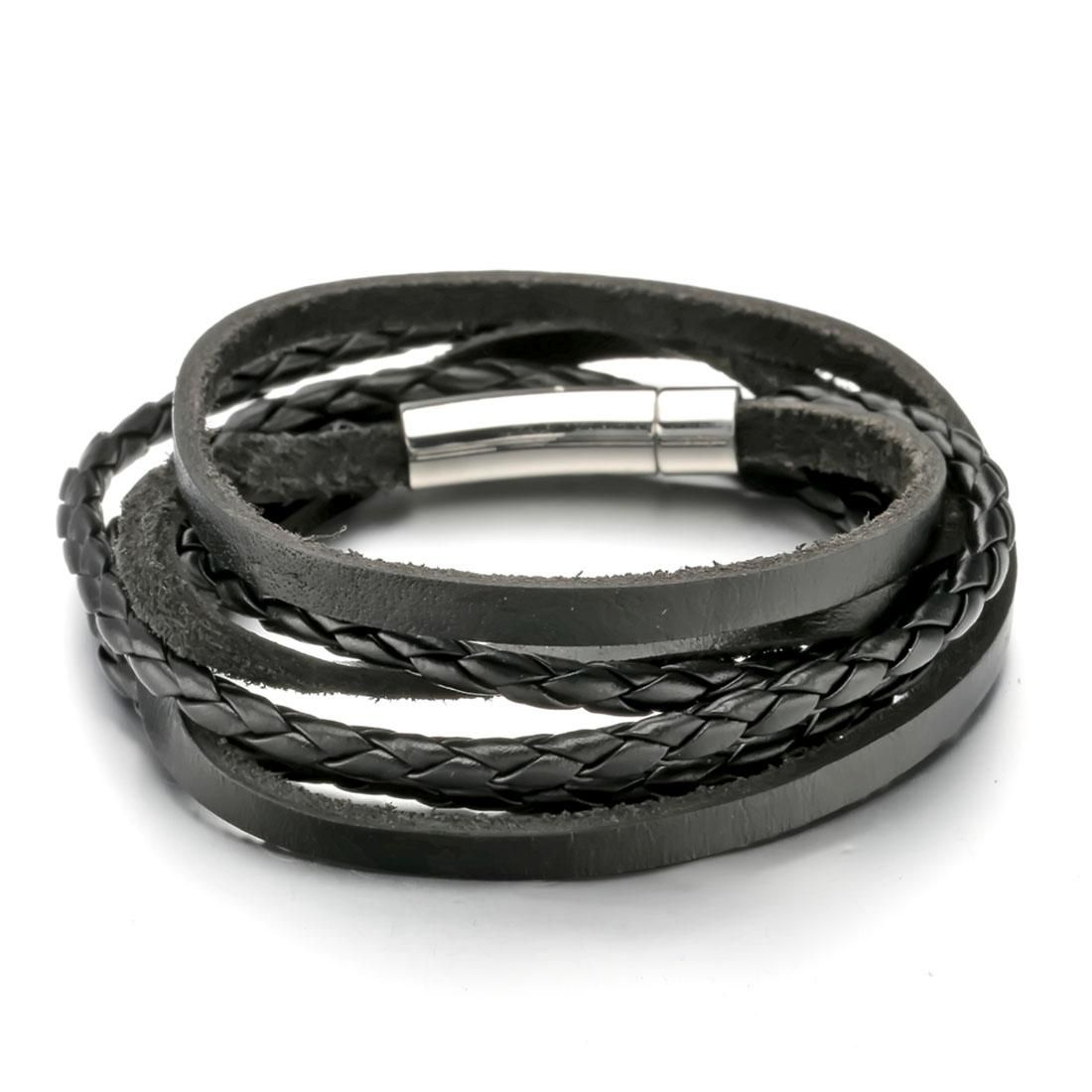 Fashion Men Jewelry Stainless Steel 3 Circles Genuine Leather Rope Bracelet Classic Long Style Hand Chain Bracelet