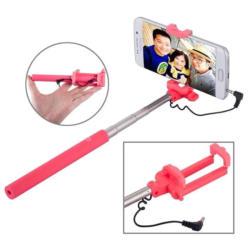 Wire Controlled Metal Selfie Stick Monopod Folding Extendable Plam Handheld Holder for iOS & Android Phone, Folded Length: 16.6cm, Max Extension Length: 63.7cm (Pink)
