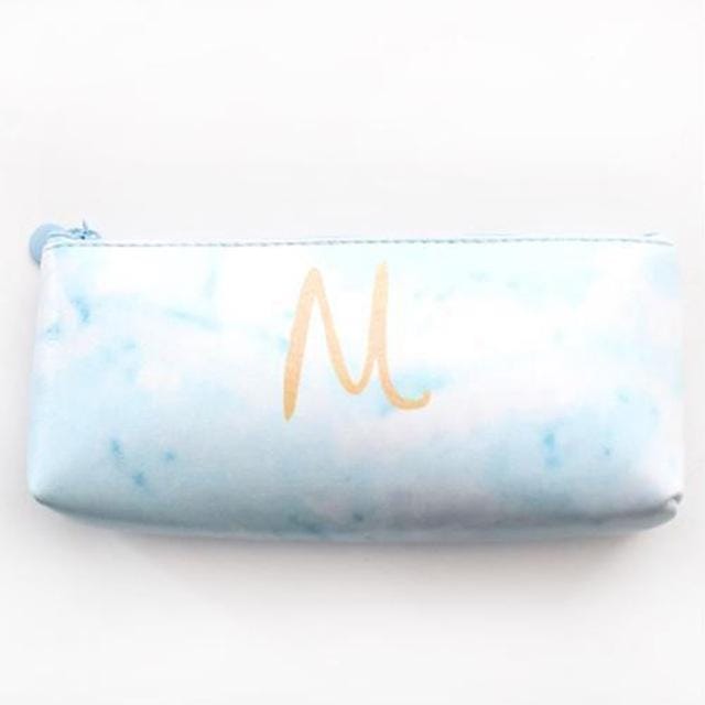 Cute Leather Marble Letter Storage Pouch Pen Box Stationery Office School Supplies (Blue M)