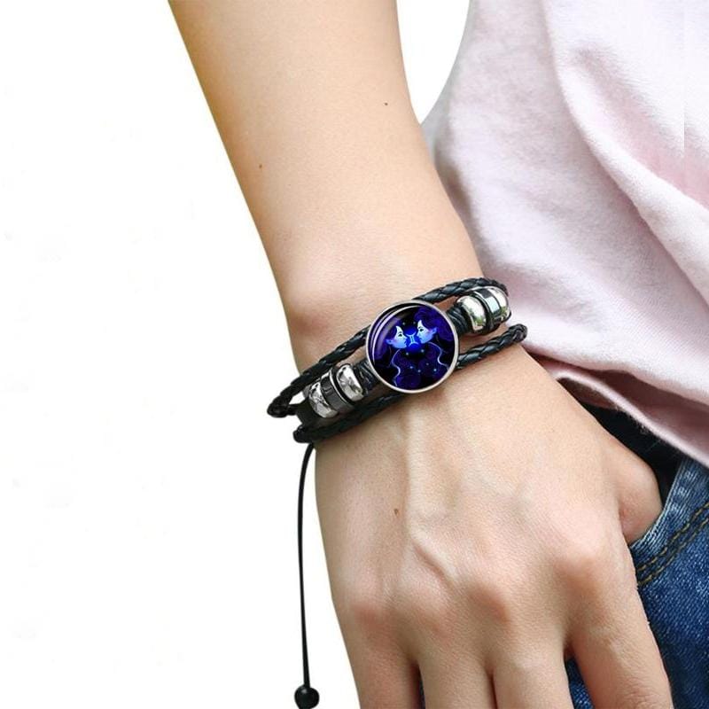 12 Constellation Black Braided Leather Glass Dome Punk Men Bracelet (Gemini)