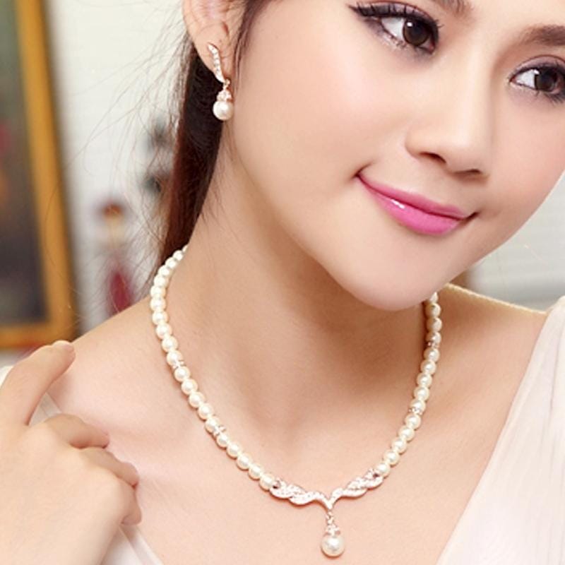 3 in 1 Bridal Accessories Lady Classic Fashion Bead Earring Necklace Jewelry Set (Gold)