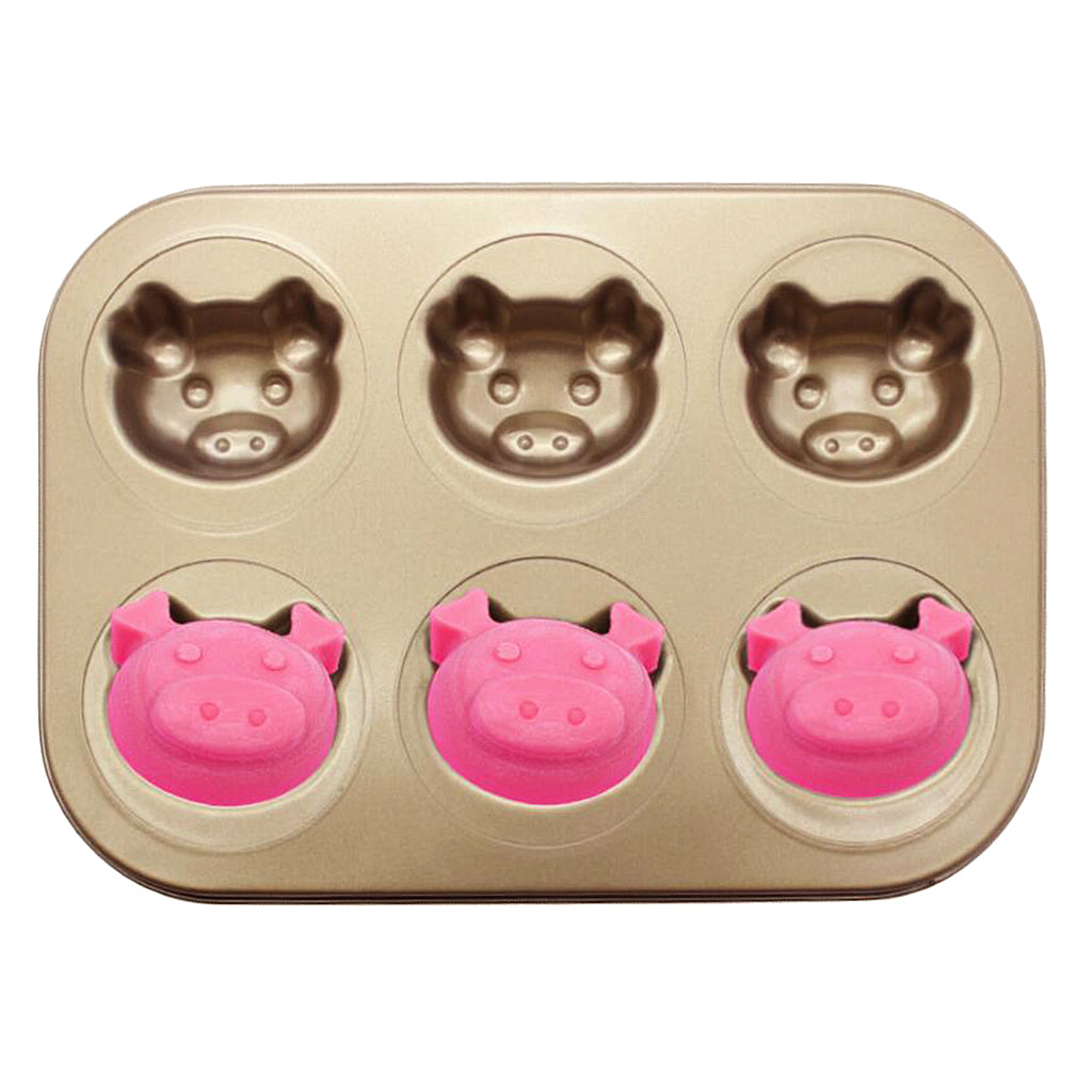 6-Cup Carbon Steel Cake Mould Baking Tray Pan Bakeware Pig's Head