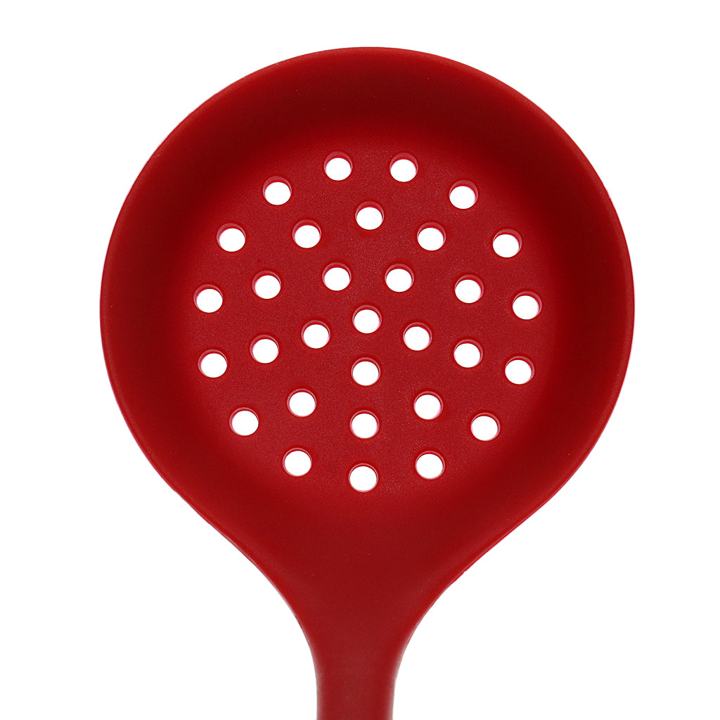 Silicone Colander Filter Soup Ladle -Long Handle W Hole Kitchen Red