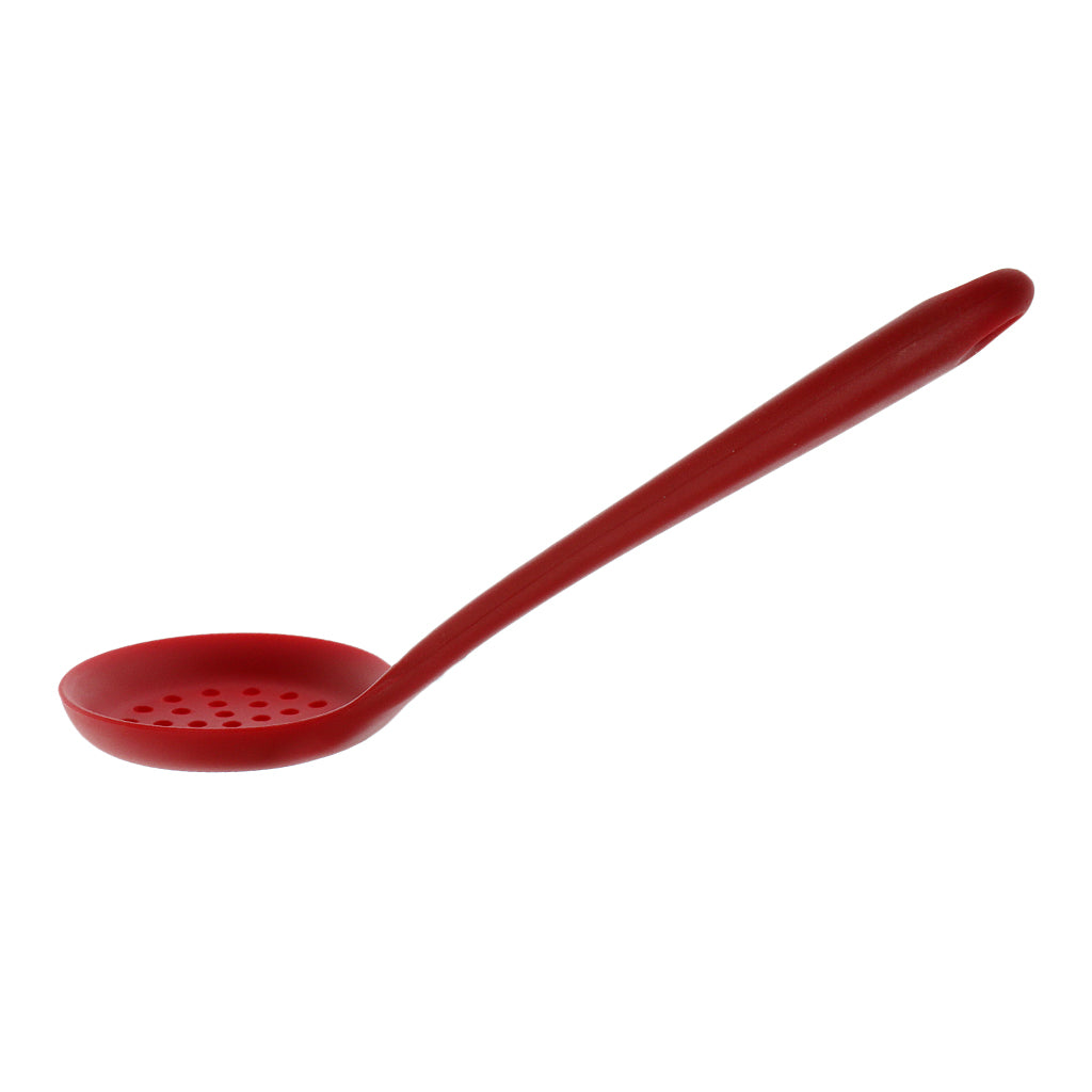 Silicone Colander Filter Soup Ladle -Long Handle W Hole Kitchen Red