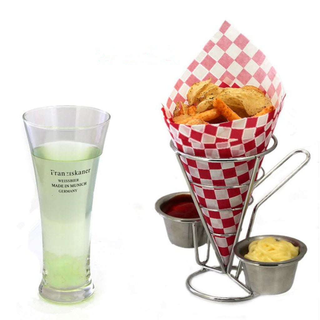 French Fry Holder Stand Cone Rack Snack Basket with 2 Dip Dishes Kitchen
