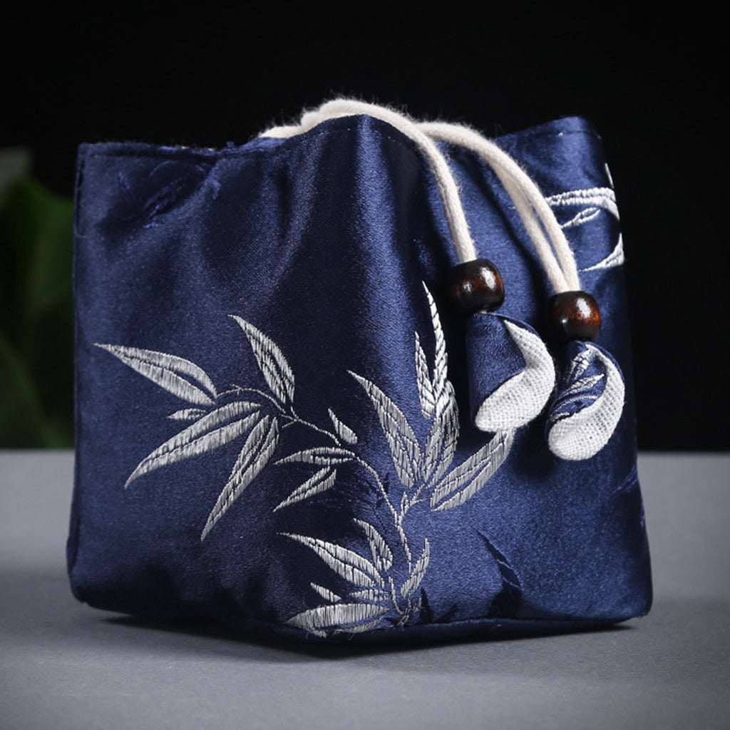 Teapot Tea Wrapper Pouch Travel Tea Set Drawstring Storage Bag Blue Bamboo