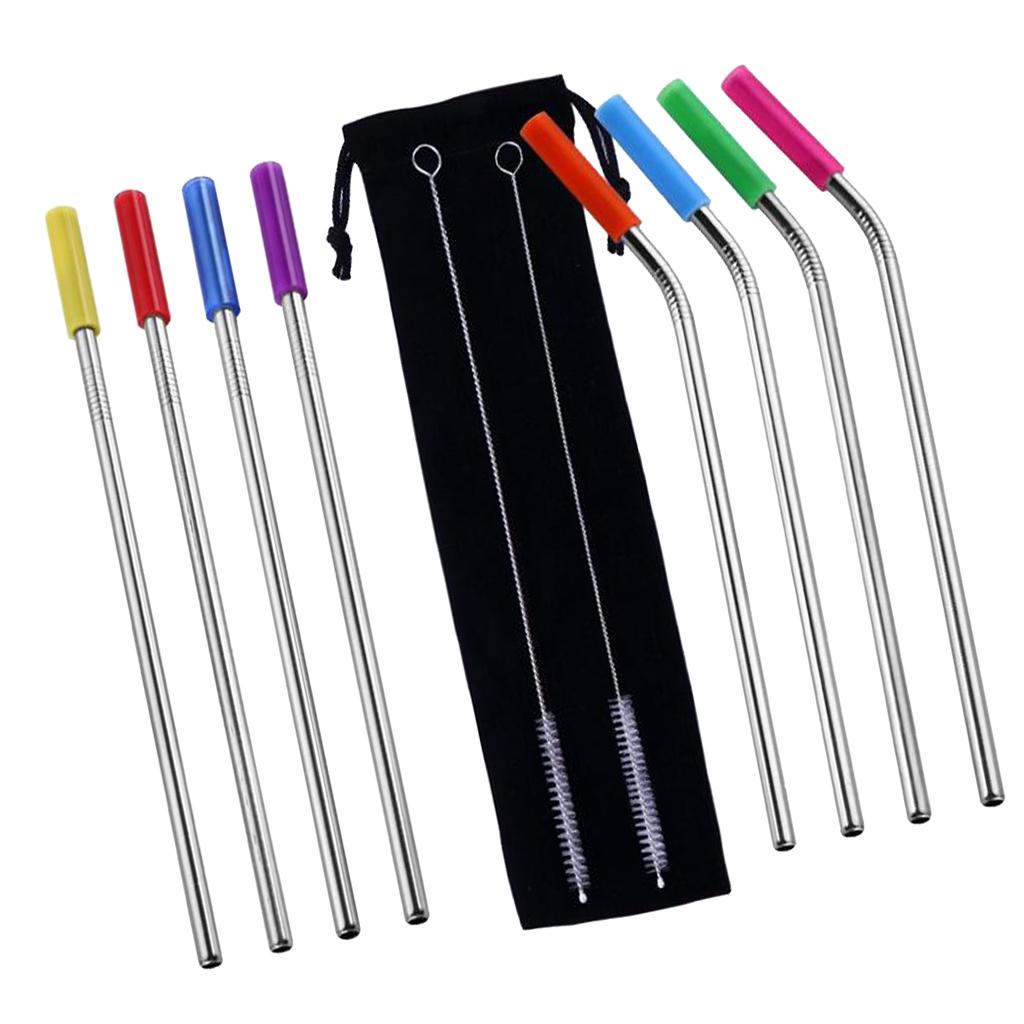 10Pcs Stainless Steel Straws Drinking Beverage 4 Straight 4 Bent 2 Brushes