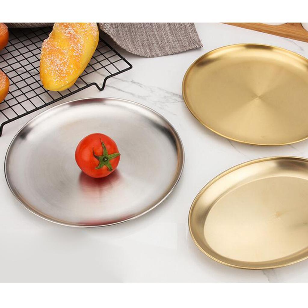 2Color Stainless Steel Dinner Plate Round Camping Picnic Serving Tray 23cm