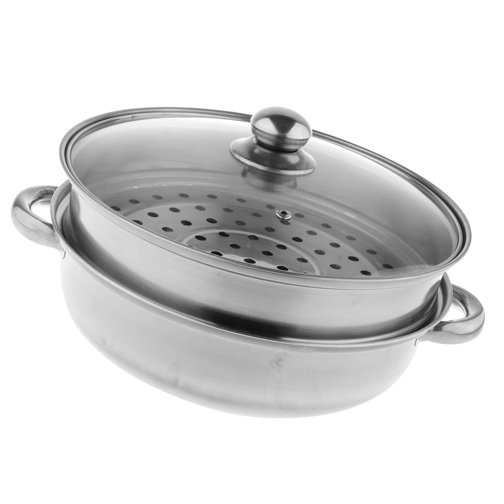 Stainless Steel Steam Cooker Steamer Pan Cook Pot Set Glass Lid 2 Tier A