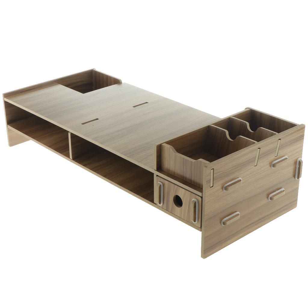 Wood Monitor Stand Drawers Computer Laptop Printer Riser Desk Dark brown