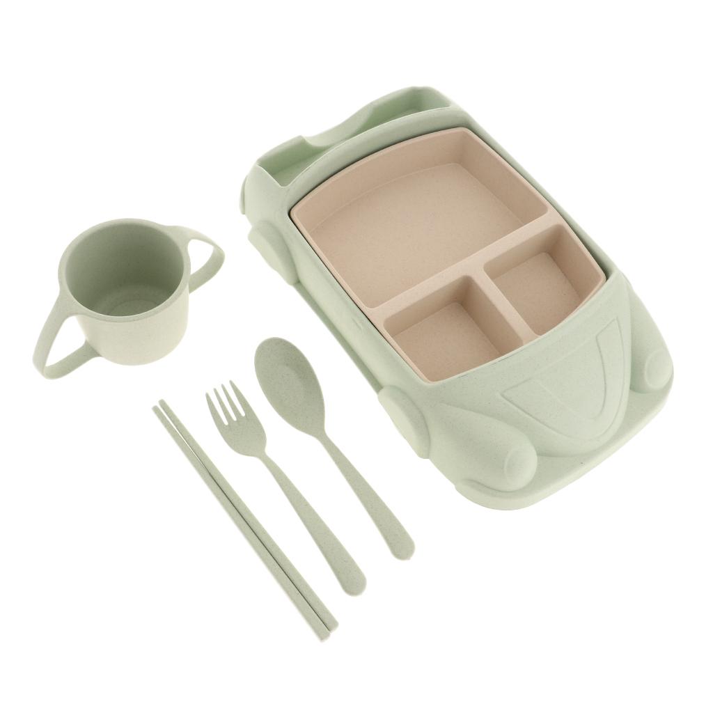 Creative Kids Wheat Straw Cartoon Car Feeding Dish Plate Bowl Set green