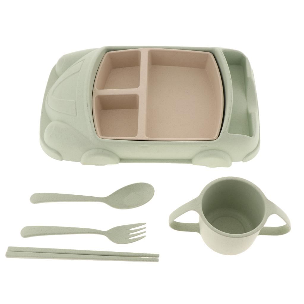 Creative Kids Wheat Straw Cartoon Car Feeding Dish Plate Bowl Set green