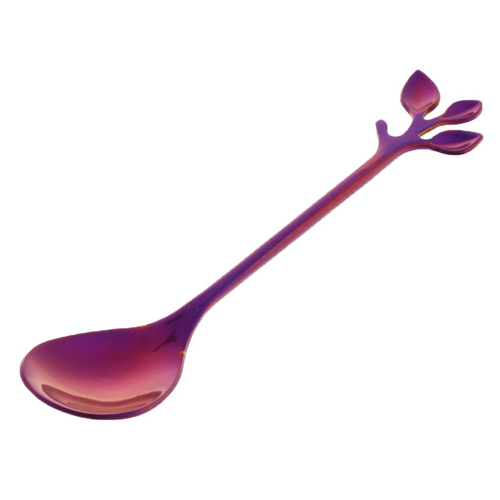 Leaf Pattern Stainless Steel Tea Coffee Spoon Tableware Colorful Purple
