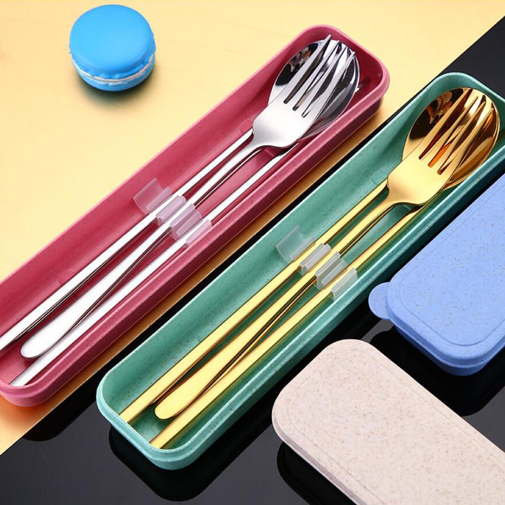 Travel Flatware with Case Camping Lunch Square 3Pcs Chopsticks Silver