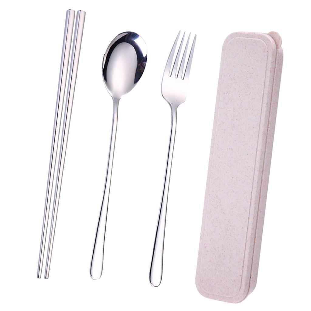Travel Flatware with Case Camping Lunch Square 3Pcs Chopsticks Silver