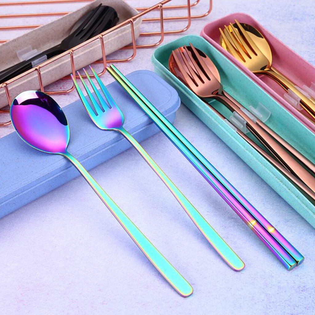 Travel Flatware with Case Camping Lunch Square 3Pcs Chopsticks Color