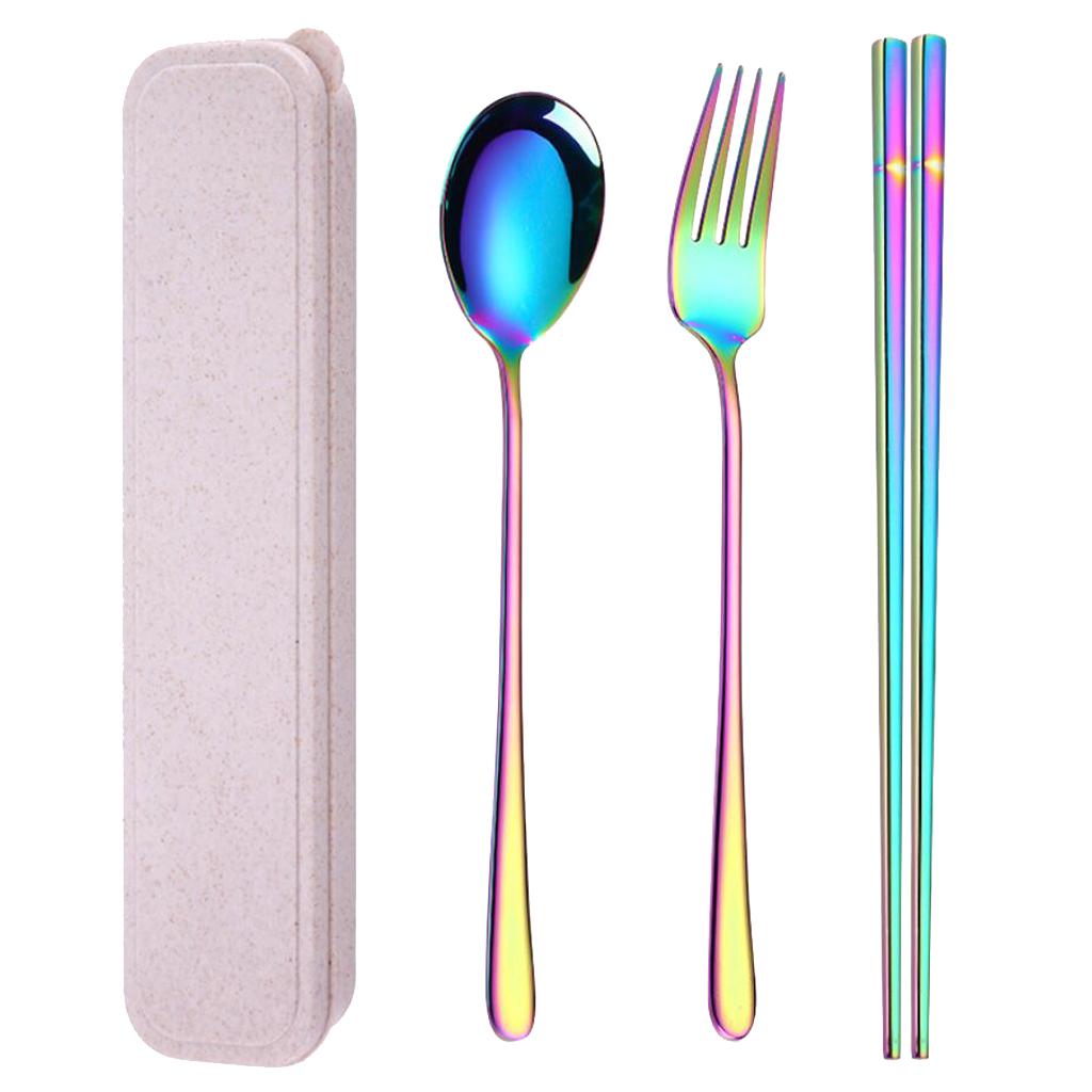 Travel Flatware with Case Camping Lunch Square 3Pcs Chopsticks Color