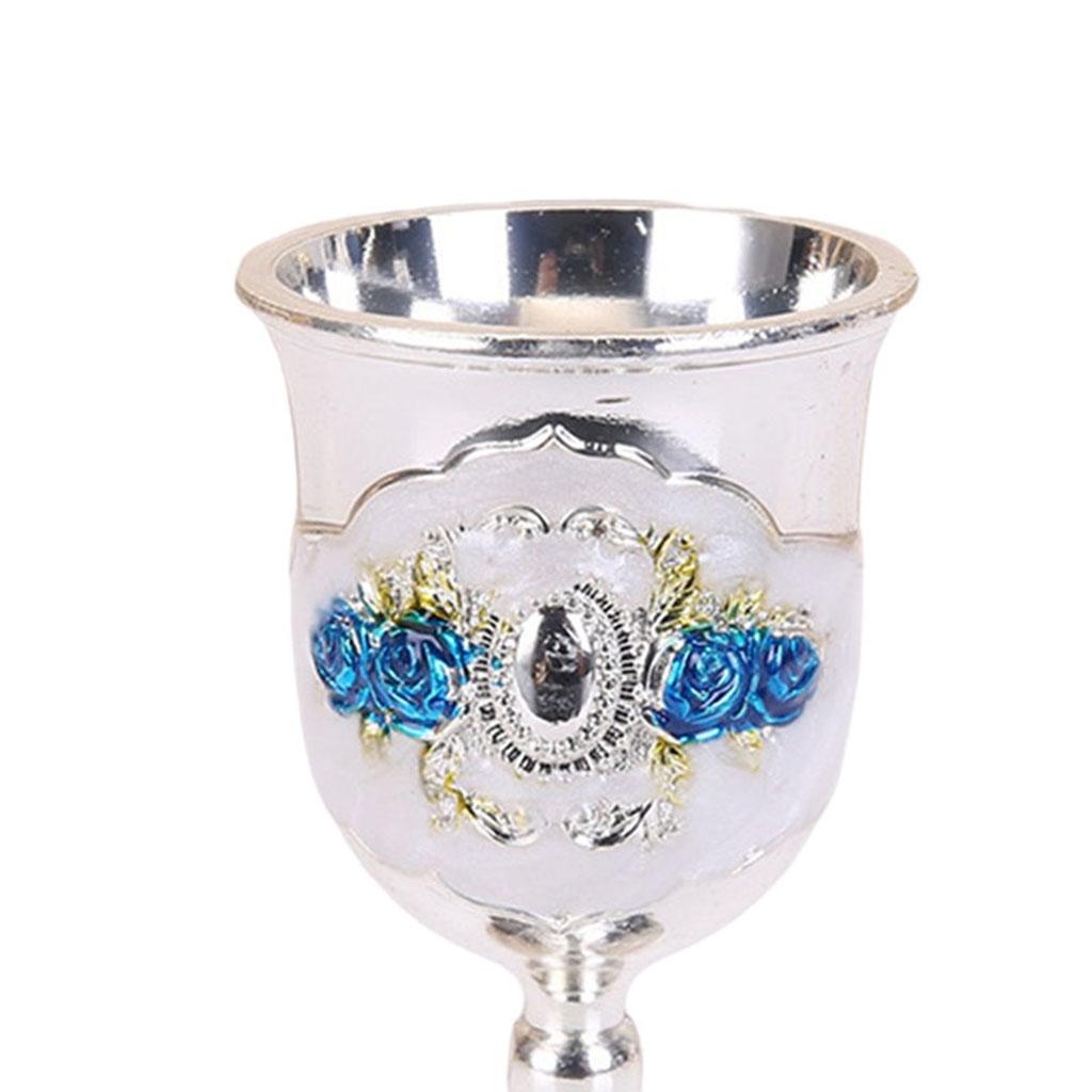 2xMetal Wine Goblet, Carving Pattern Handmade Cup Bar Dinners Parties Decor Blue flower Silver white 