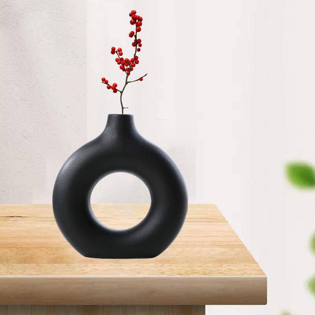 Ceramic Vase Hollow Donuts Flower Pot for Office Homewarming Gift Ornaments Black S
