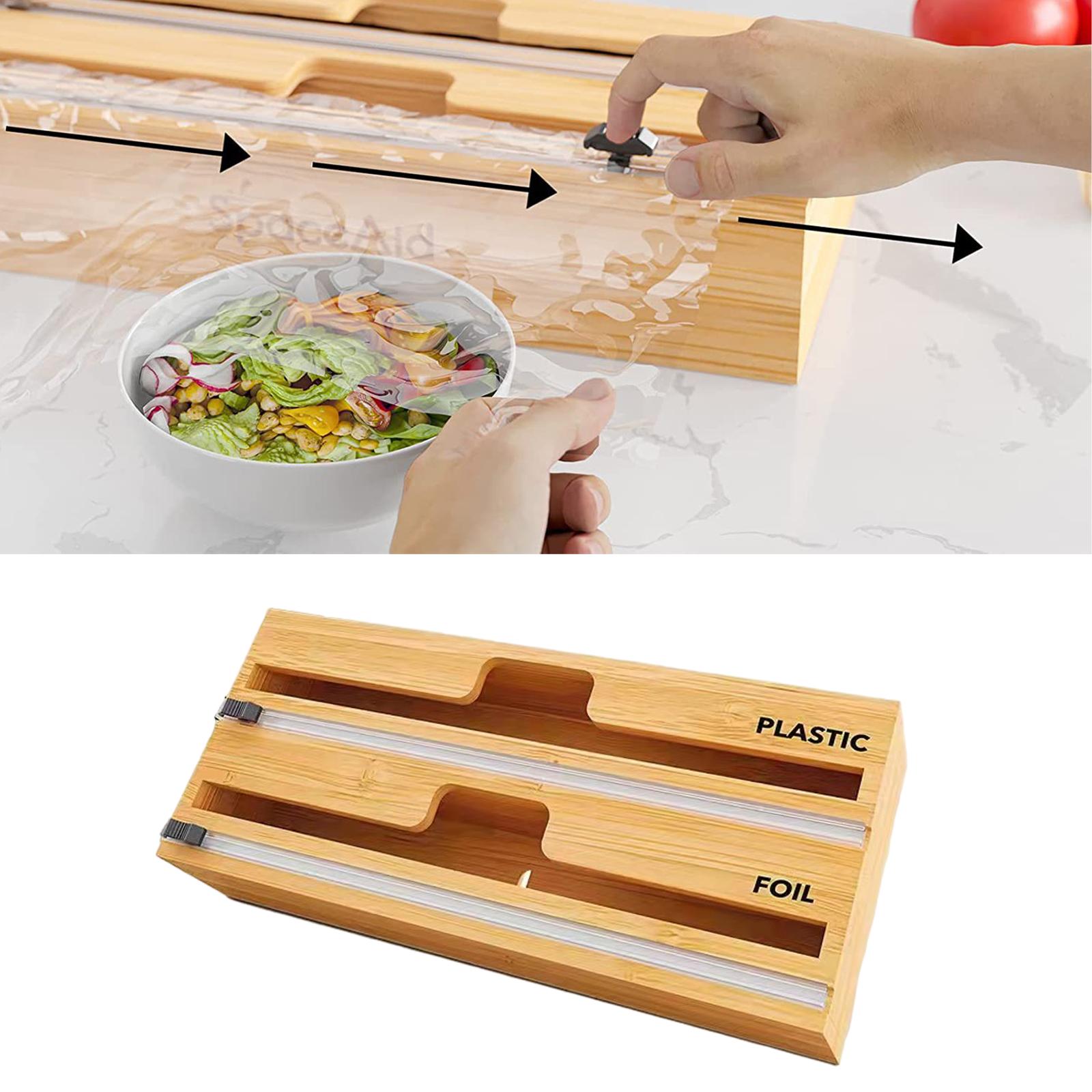 2 in 1 Wrap Dispenser with Cutter and Labels for Kitchen Drawer Organizer