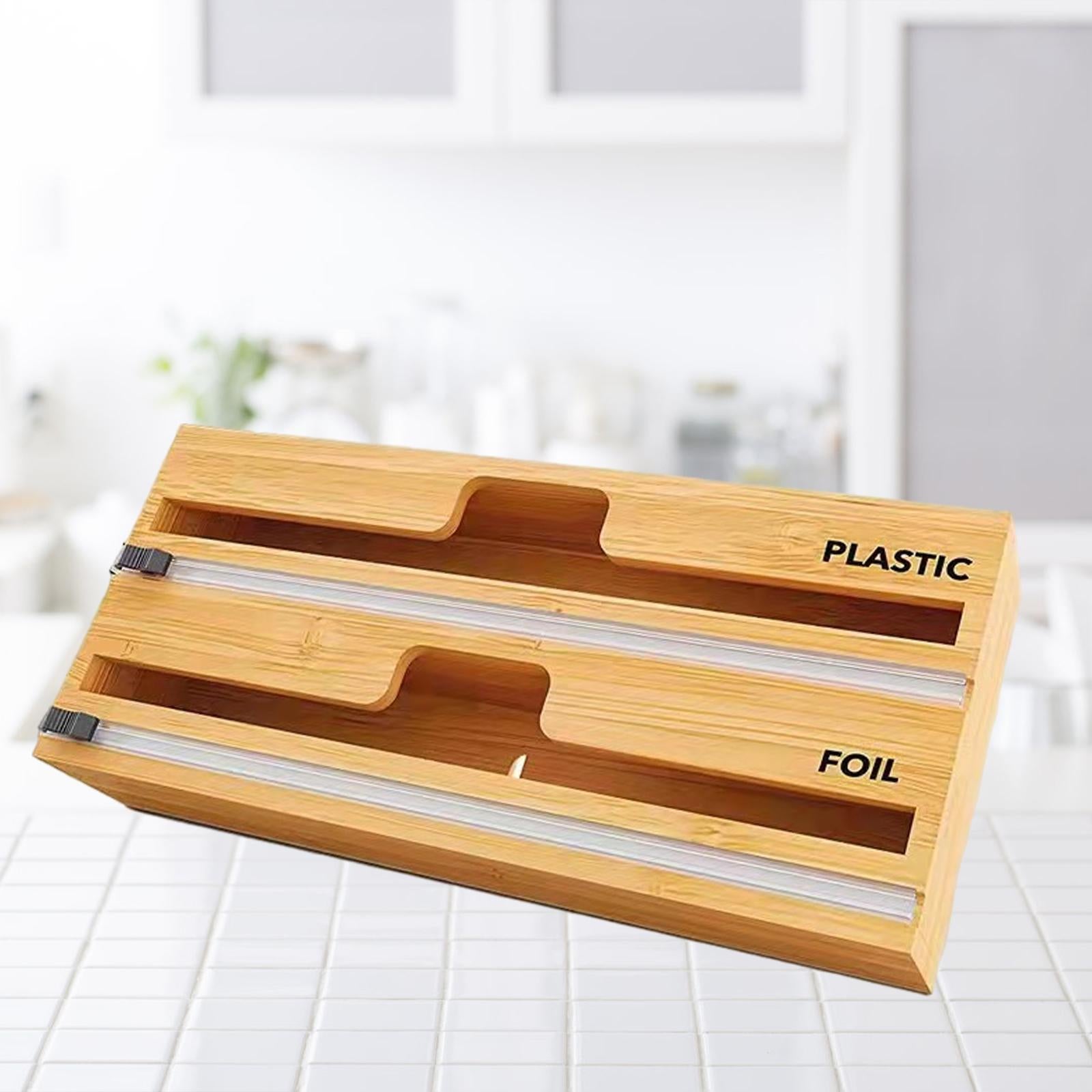 2 in 1 Wrap Dispenser with Cutter and Labels for Kitchen Drawer Organizer