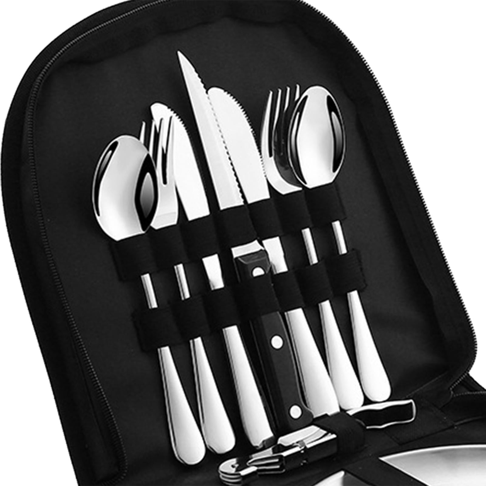 10 Pieces Picnic Family Cutlery Set with Travel Case for Barbecue Hiking Black