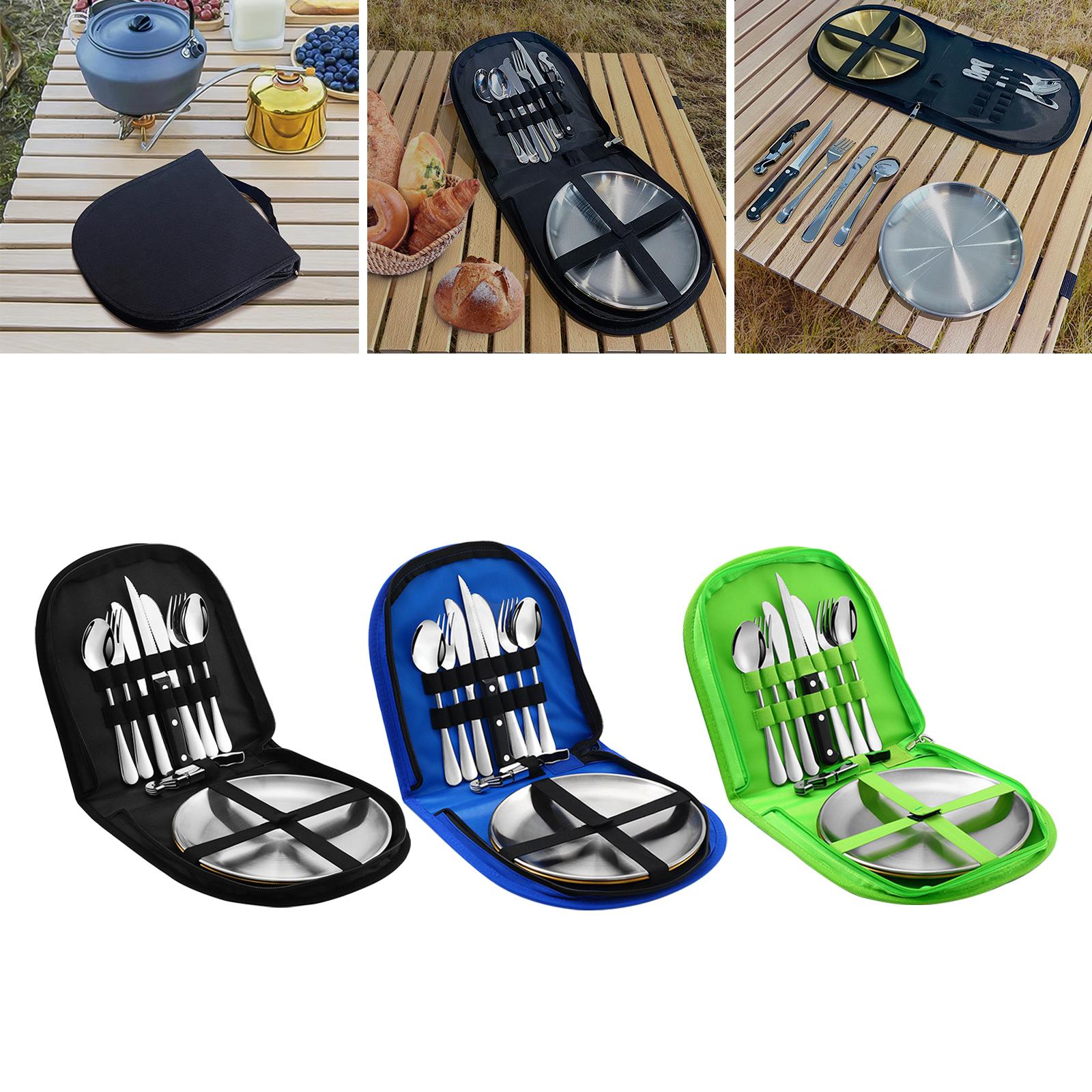 10 Pieces Picnic Family Cutlery Set with Travel Case for Barbecue Hiking Black