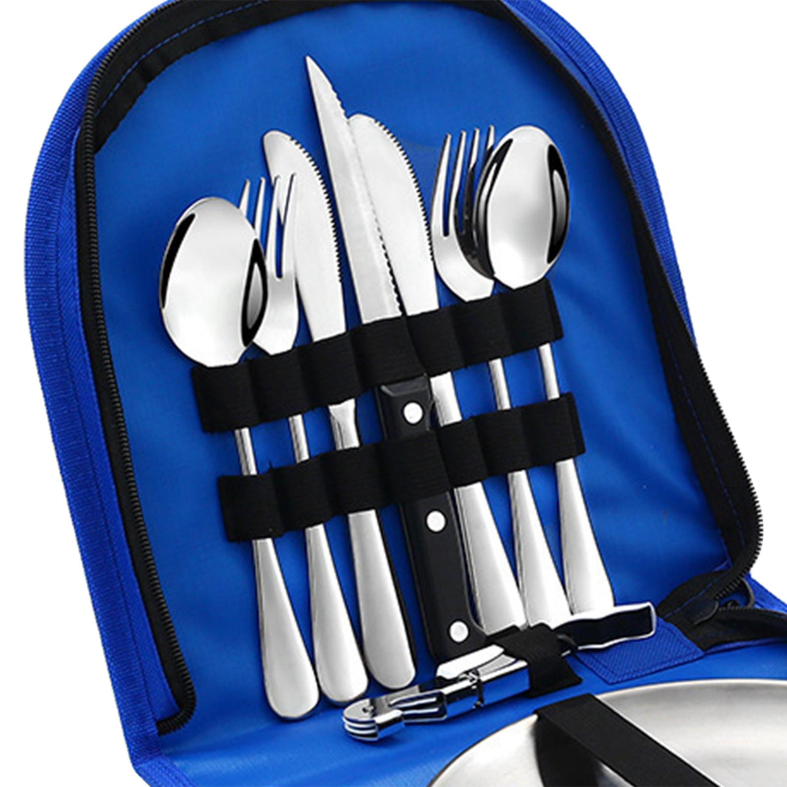 10 Pieces Picnic Family Cutlery Set with Travel Case for Barbecue Hiking Blue