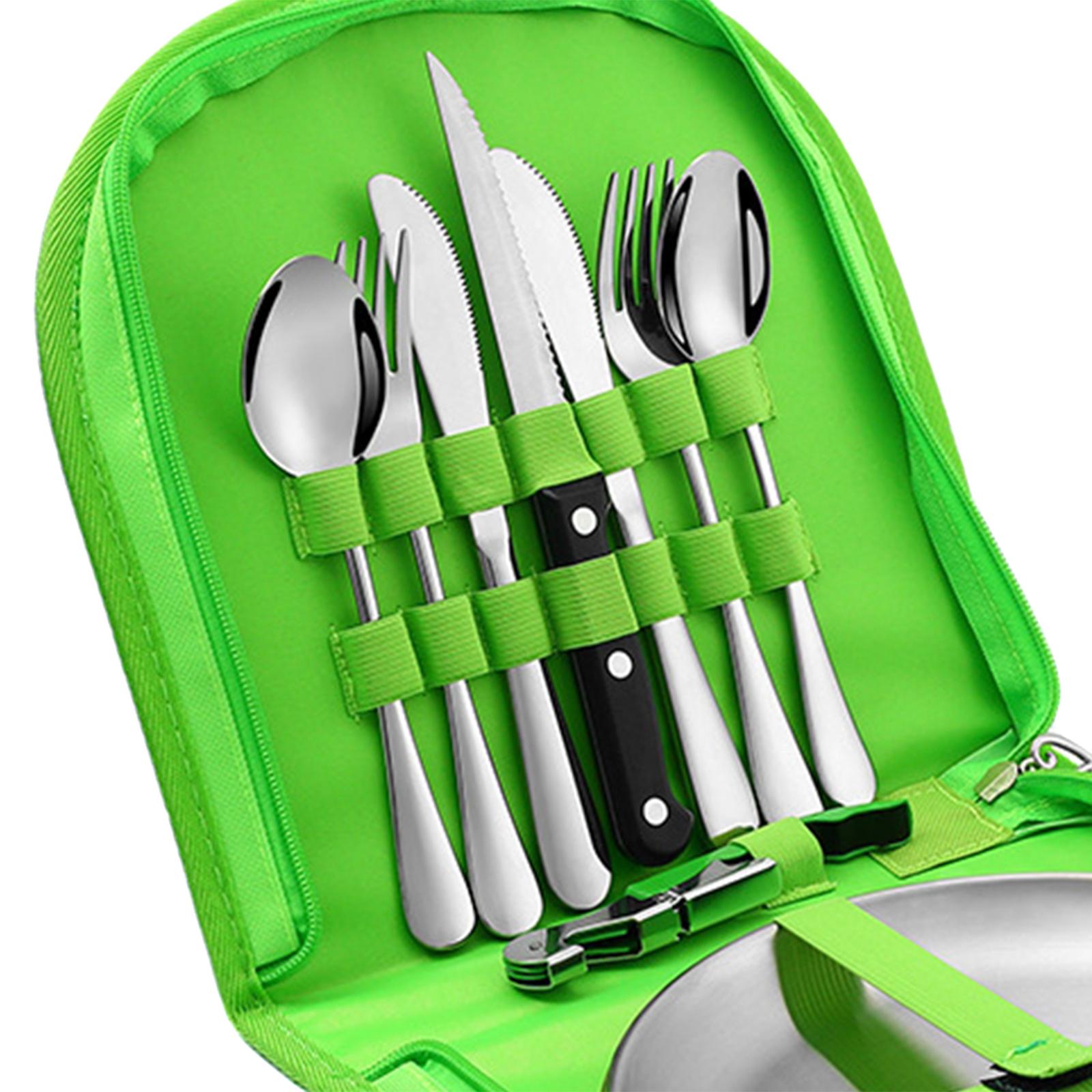 10 Pieces Picnic Family Cutlery Set with Travel Case for Barbecue Hiking Green