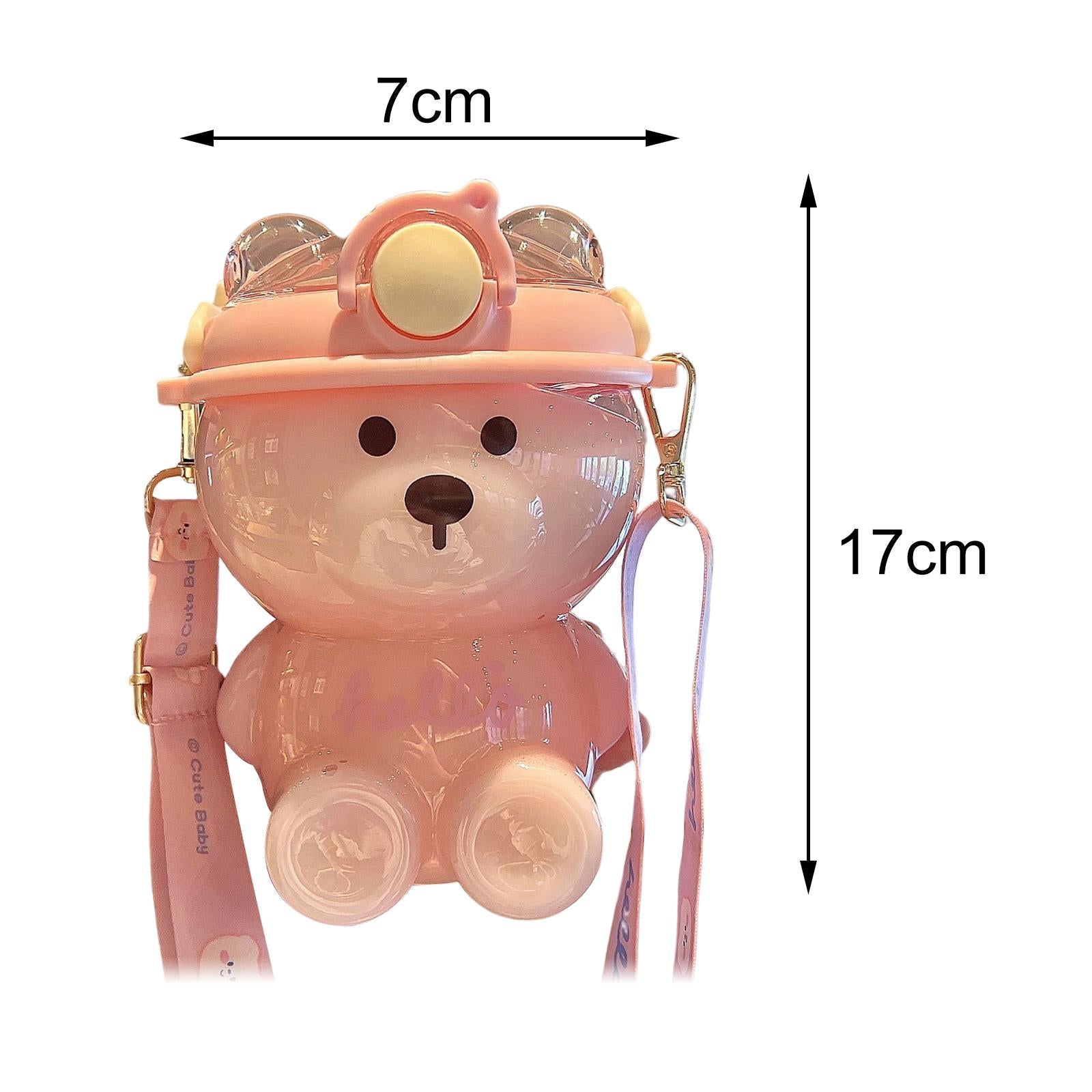 1000ml Cute Water Bottle with Straw Bear Shape for Office Travel Girls Pink