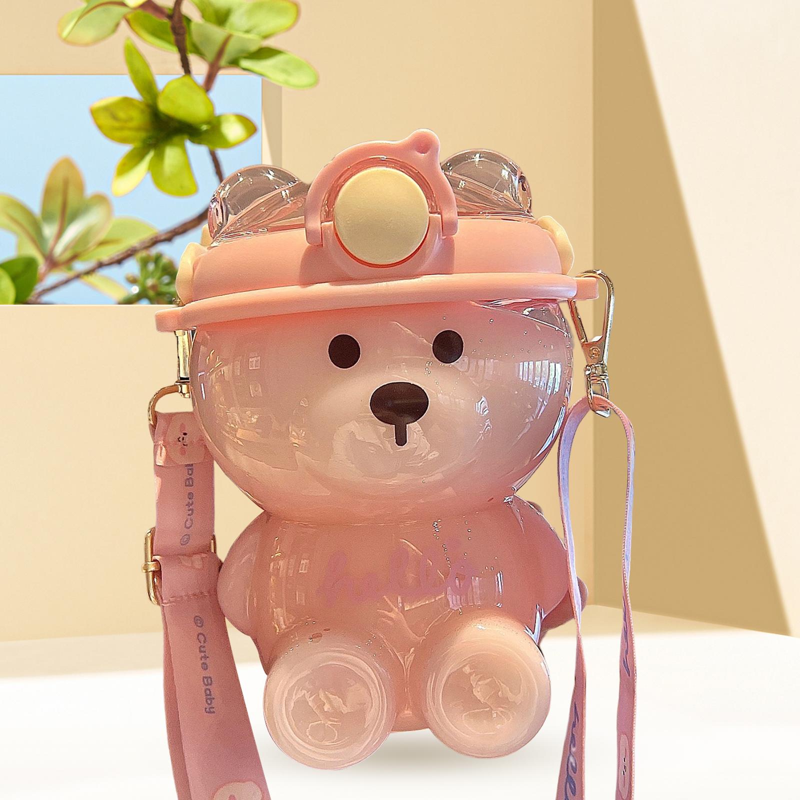 1000ml Cute Water Bottle with Straw Bear Shape for Office Travel Girls Pink