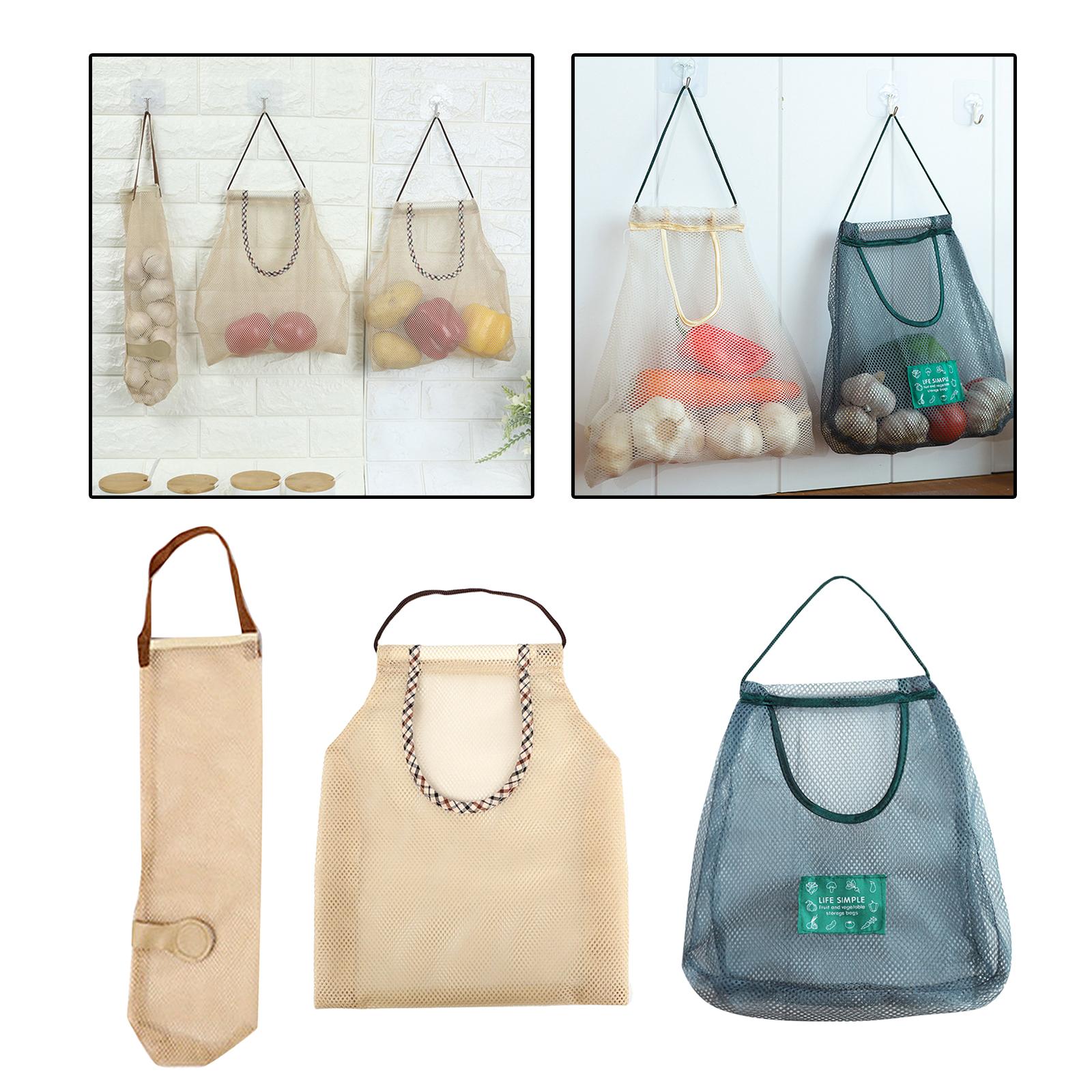 2xHanging Mesh Storage Bag Portable Produce Bags for Vegetable Onion Potatoes Small Beige