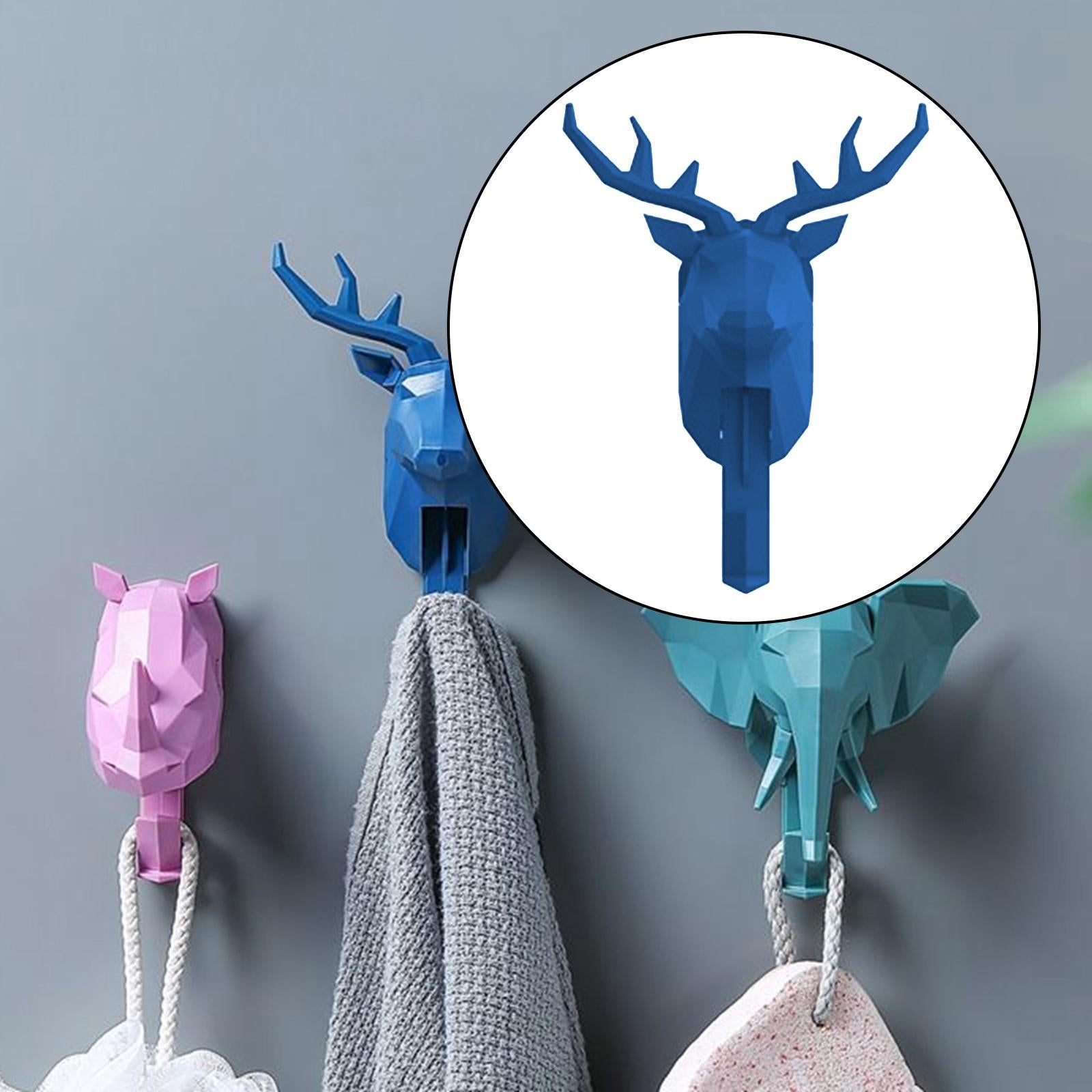5xWall Mounted Animal Heads Hook Clothes Towel Hook for Purse Coat Living Room Deer Blue