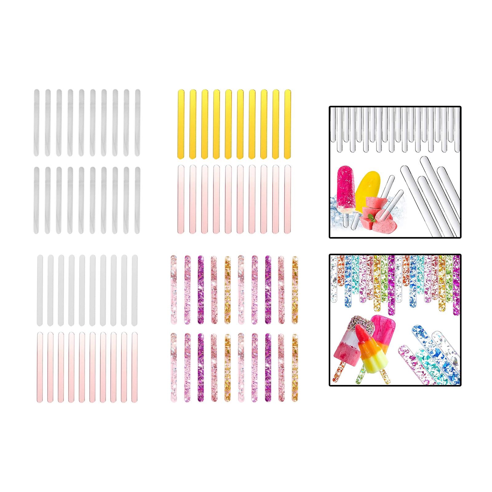 2x20Pcs Ice Cream Sticks Reusable Cakesicle Sticks for Kitchen DIY Crafts Clear