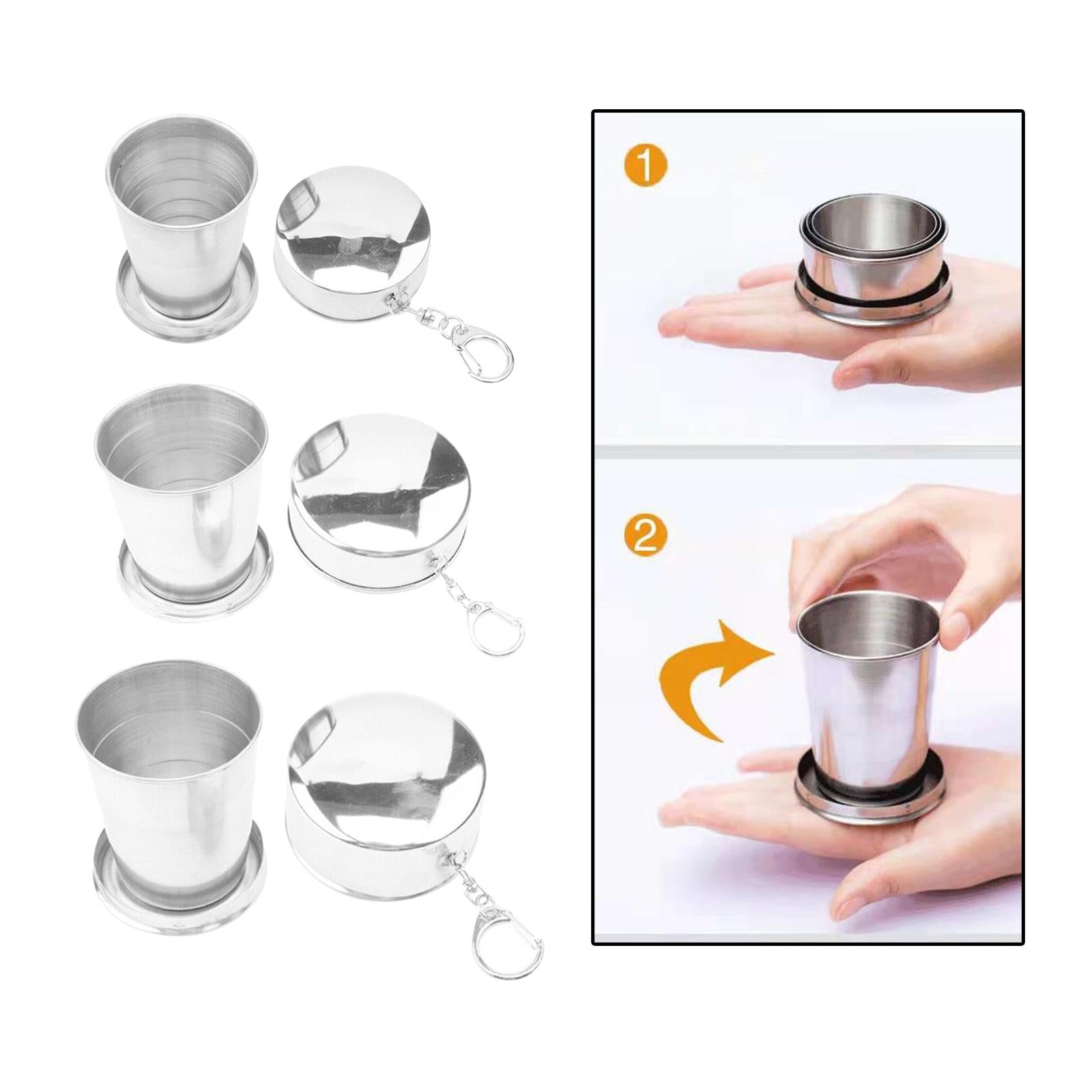 2xCamping Folding Cup with Keychain Telescopic Mug Stainless Steel Camping Mug S